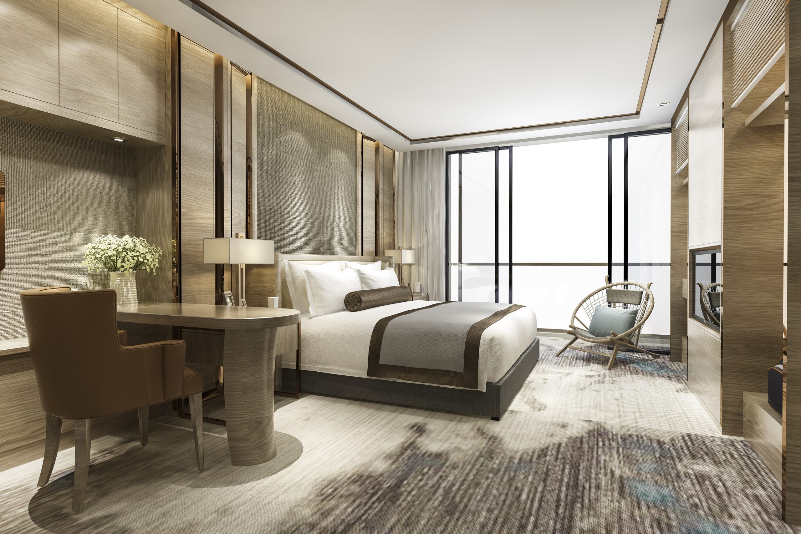 3d rendering luxury classic modern bedroom suite in hotel with carpet flooring and soft seating