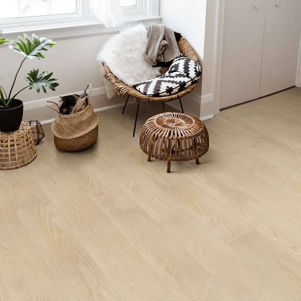 LVT flooring with rattan home decor and plants