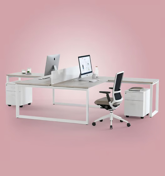 Office workstation with task seating and storage cabinets.